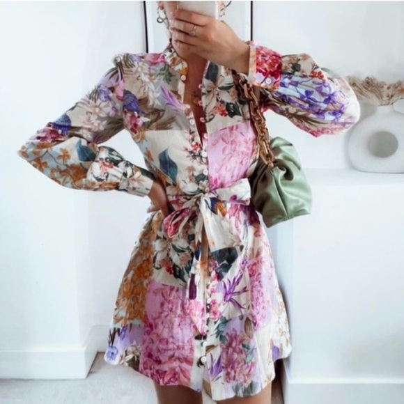 Zara Dresses & Skirts - ZARA floral tropical parrot lined button front belted long sleeve mini dress XL